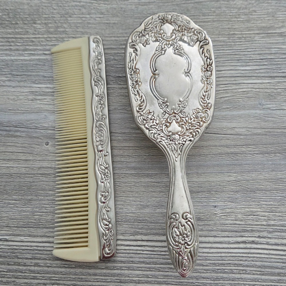 Vintage Ornate Hairbrush Comb Set Silver Plate Cream Floral Repousse